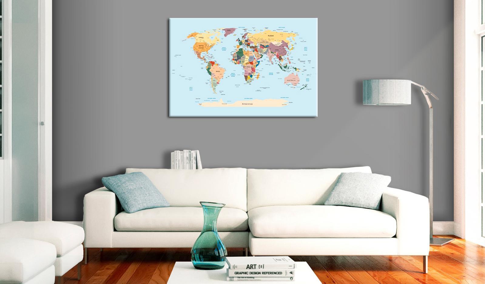 World Map Cork Pin Board - World Map On Light Blue Background