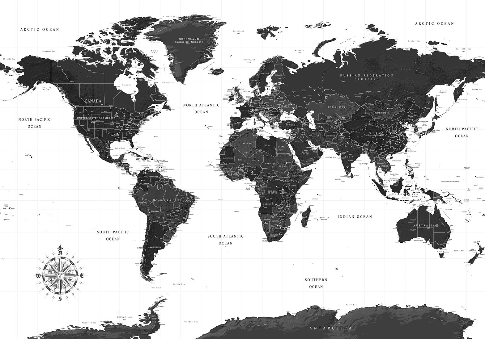 World Map Wallpaper Wall Mural - Black and White Map