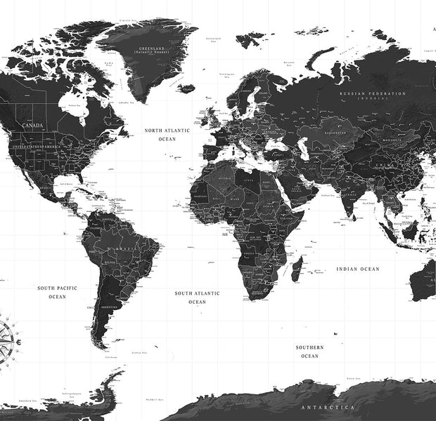 World Map Wallpaper Wall Mural - Black and White Map