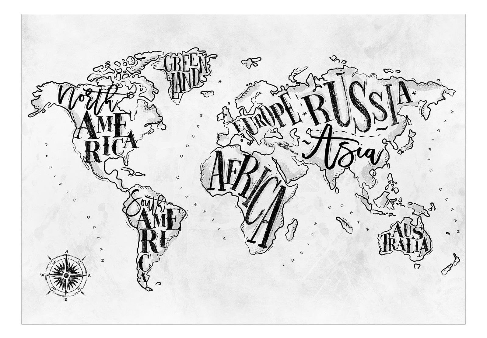 World Map Wall Mural - Retro Continents Grey-Tiptophomedecor