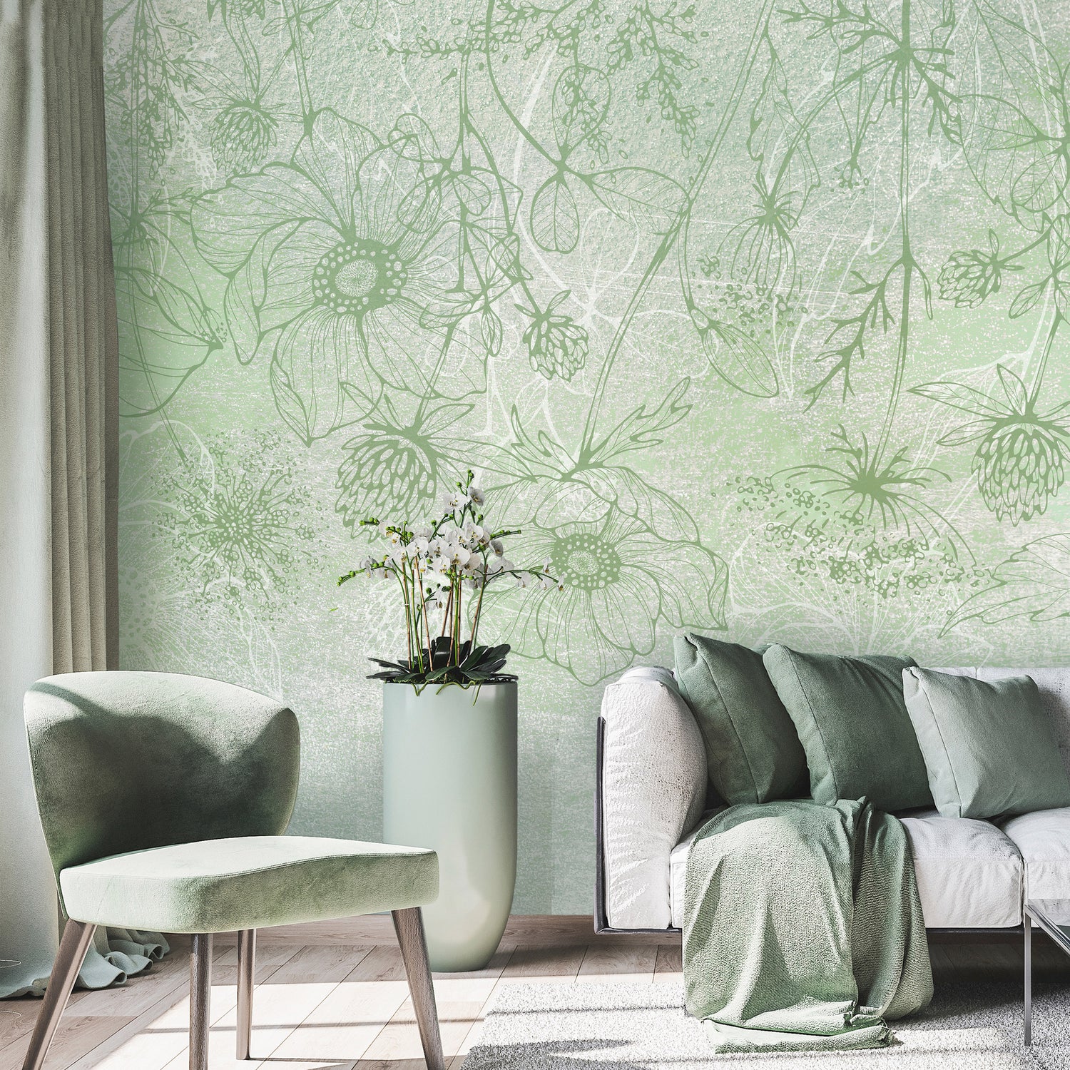 Botanical Wallpaper Wall Mural - Floral Green Lineart