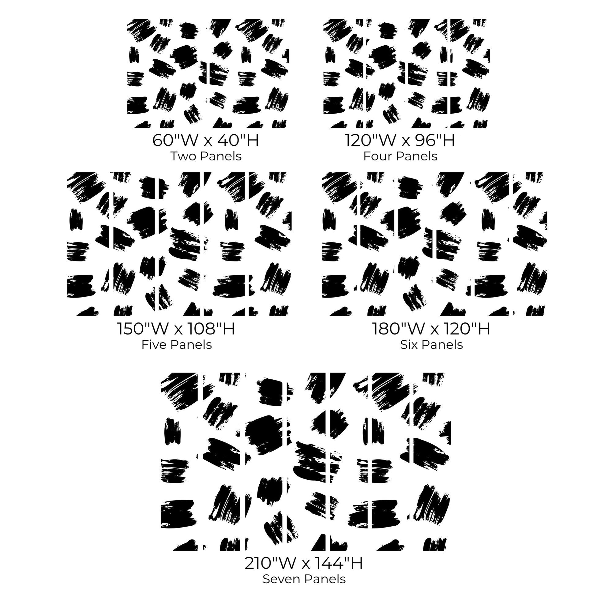 Various sizes of a seven-panel wall mural featuring abstract black brushstrokes on a white background displayed in a sizing chart format.