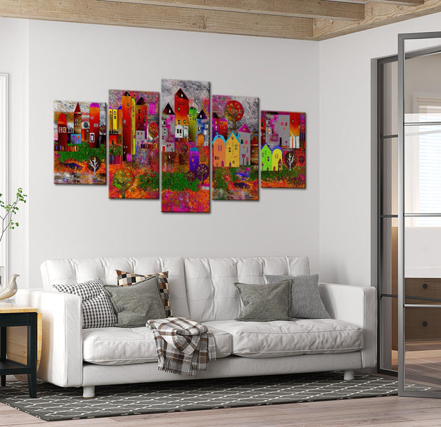 Abstract Canvas Wall Art - Colourful Small Town - 5 Pieces
