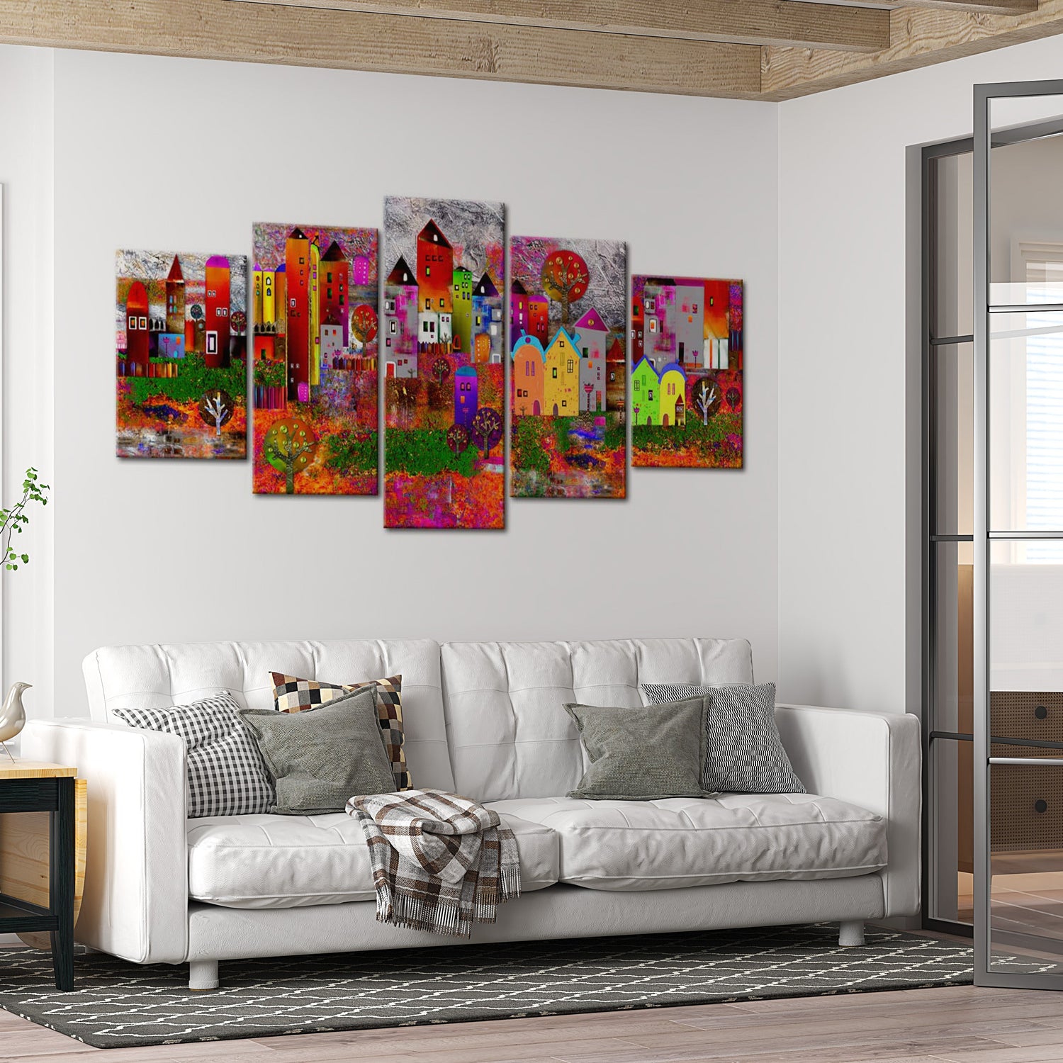 Abstract Canvas Wall Art - Colourful Small Town - 5 Pieces