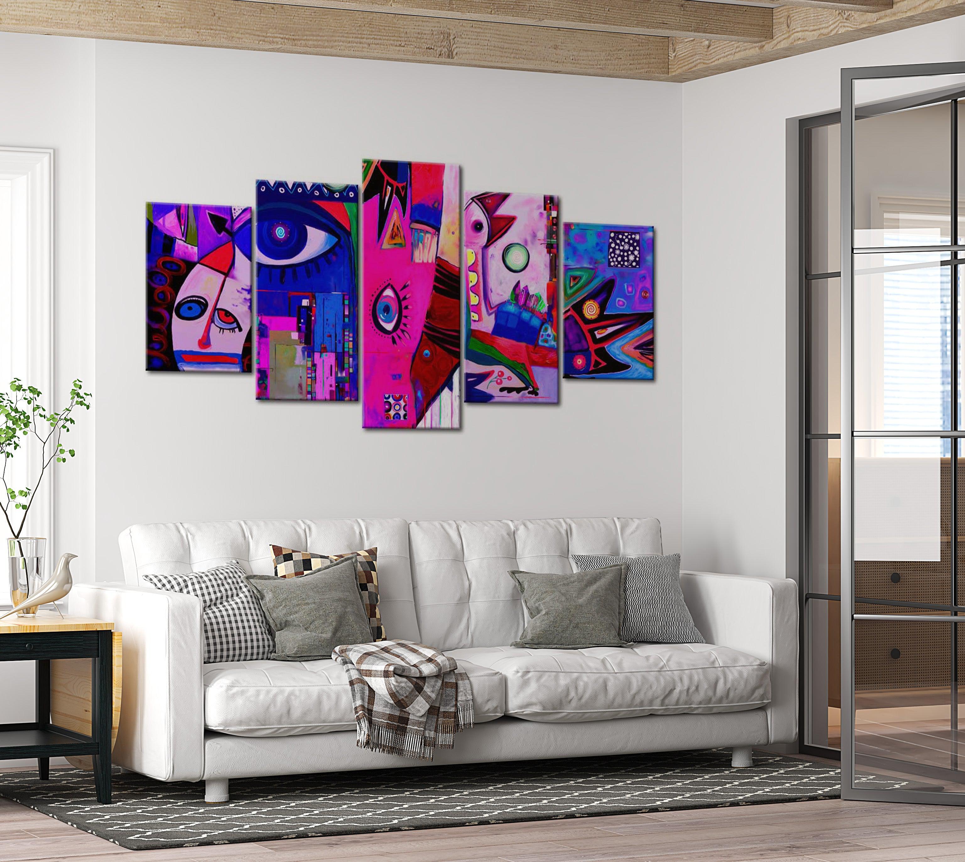 Abstract Canvas Wall Art - Funny Faces Pink - 5 Pieces