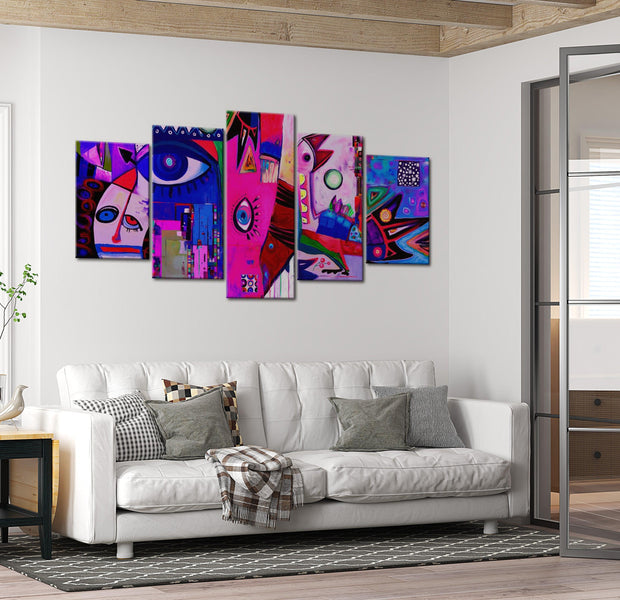 Abstract Canvas Wall Art - Funny Faces Pink - 5 Pieces