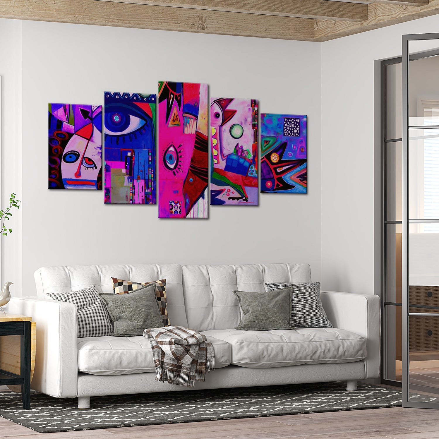 Abstract Canvas Wall Art - Funny Faces Pink - 5 Pieces