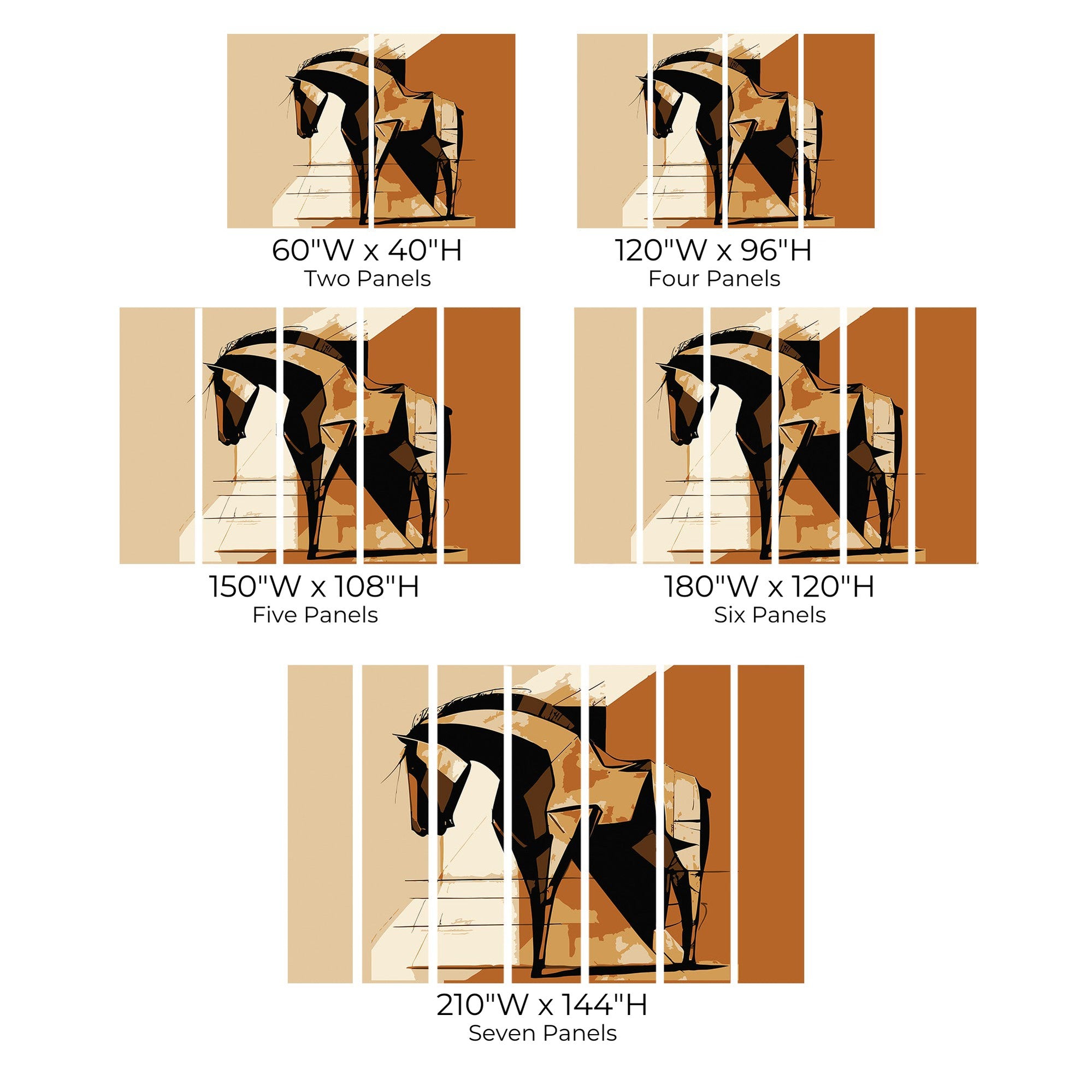 Various size options for an abstract horse wall mural presented in two, four, five, six, and seven panels