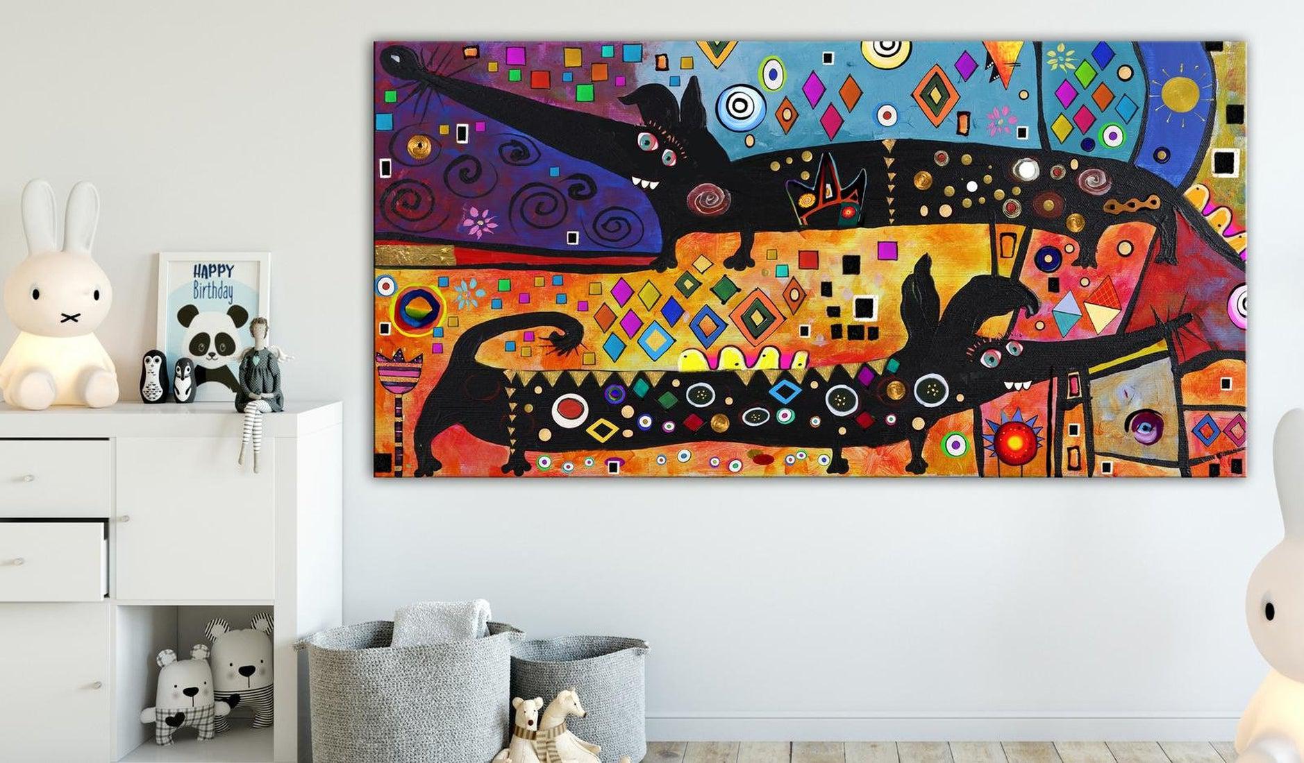 Abstract Canvas Wall Art - Extravagant Dogs Wide