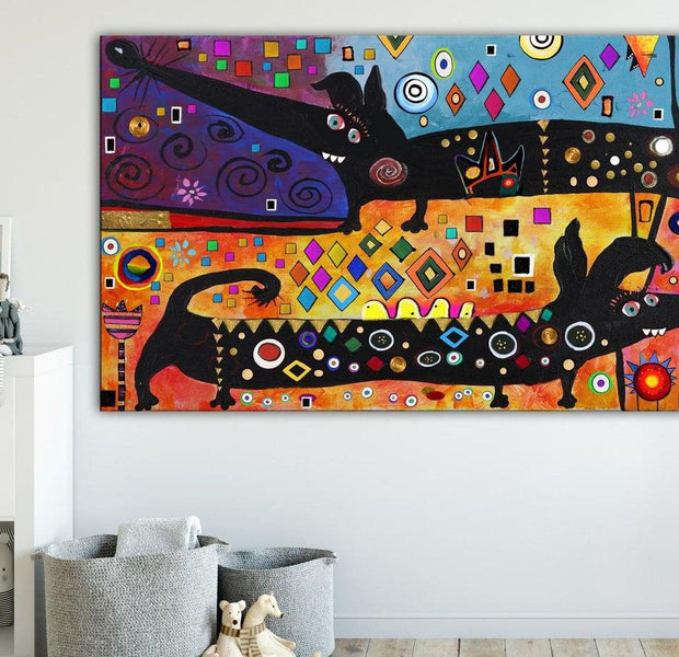 Abstract Canvas Wall Art - Extravagant Dogs Wide