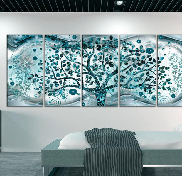 Abstract Canvas Wall Art - Tree And Waves Blue