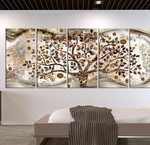 Abstract Canvas Wall Art - Tree And Waves Brown