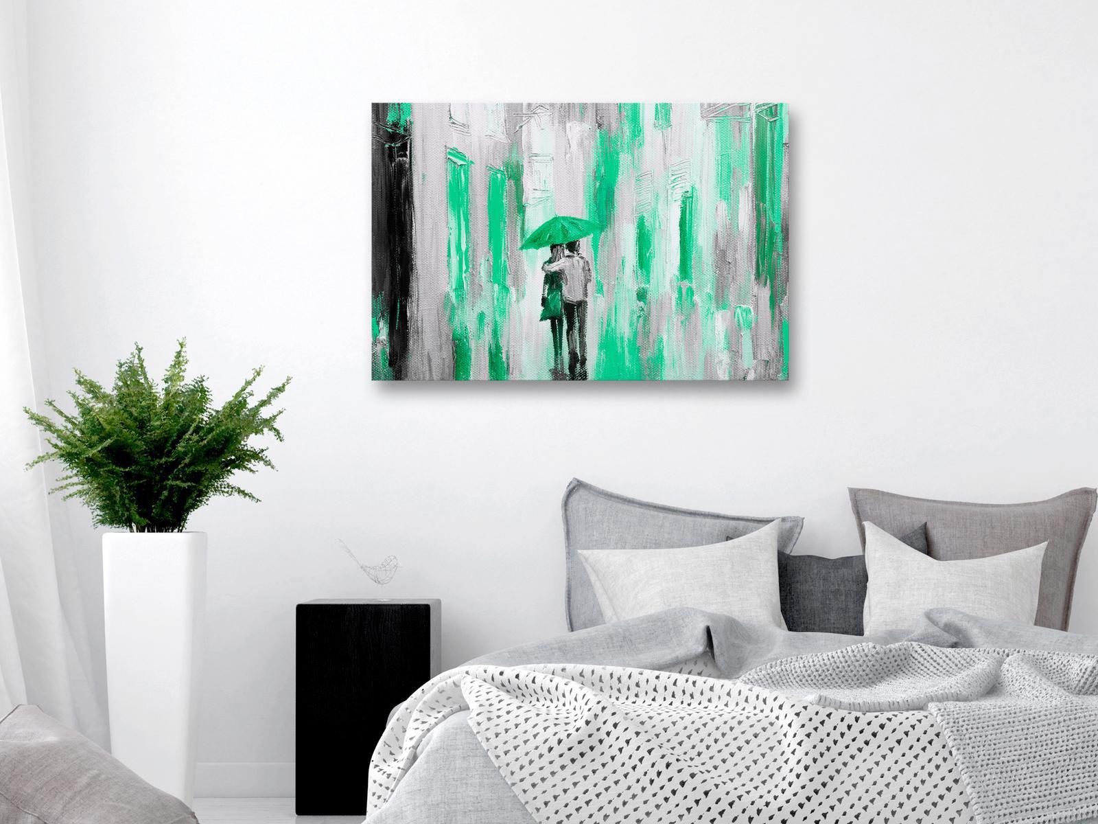 Abstract Canvas Wall Art - Umbrella In Love Wide Green