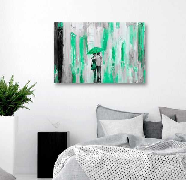 Abstract Canvas Wall Art - Umbrella In Love Wide Green