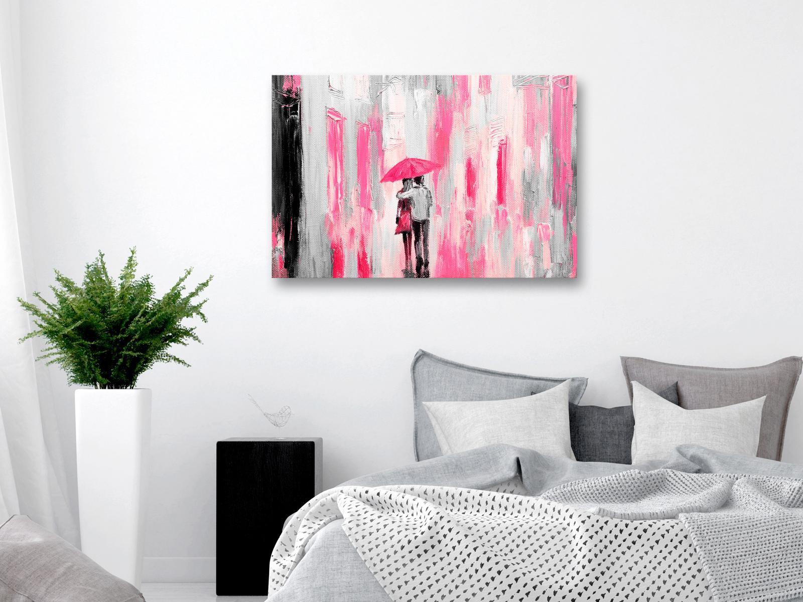 Abstract Canvas Wall Art - Umbrella In Love Wide Pink