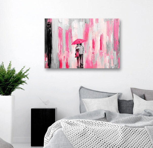 Abstract Canvas Wall Art - Umbrella In Love Wide Pink