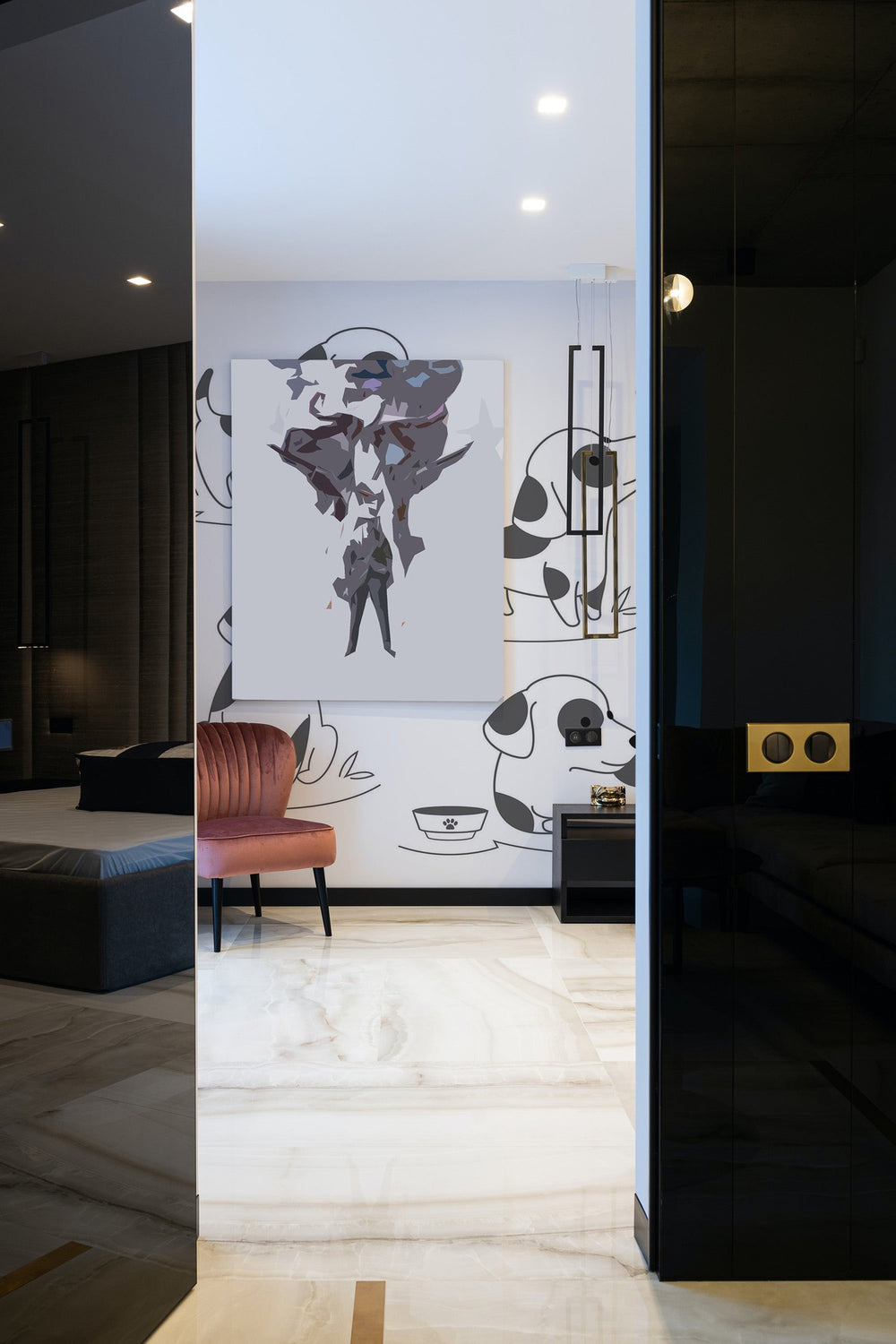 Modern interior with abstract mural on the wall, elegant furniture, and stylish design elements.