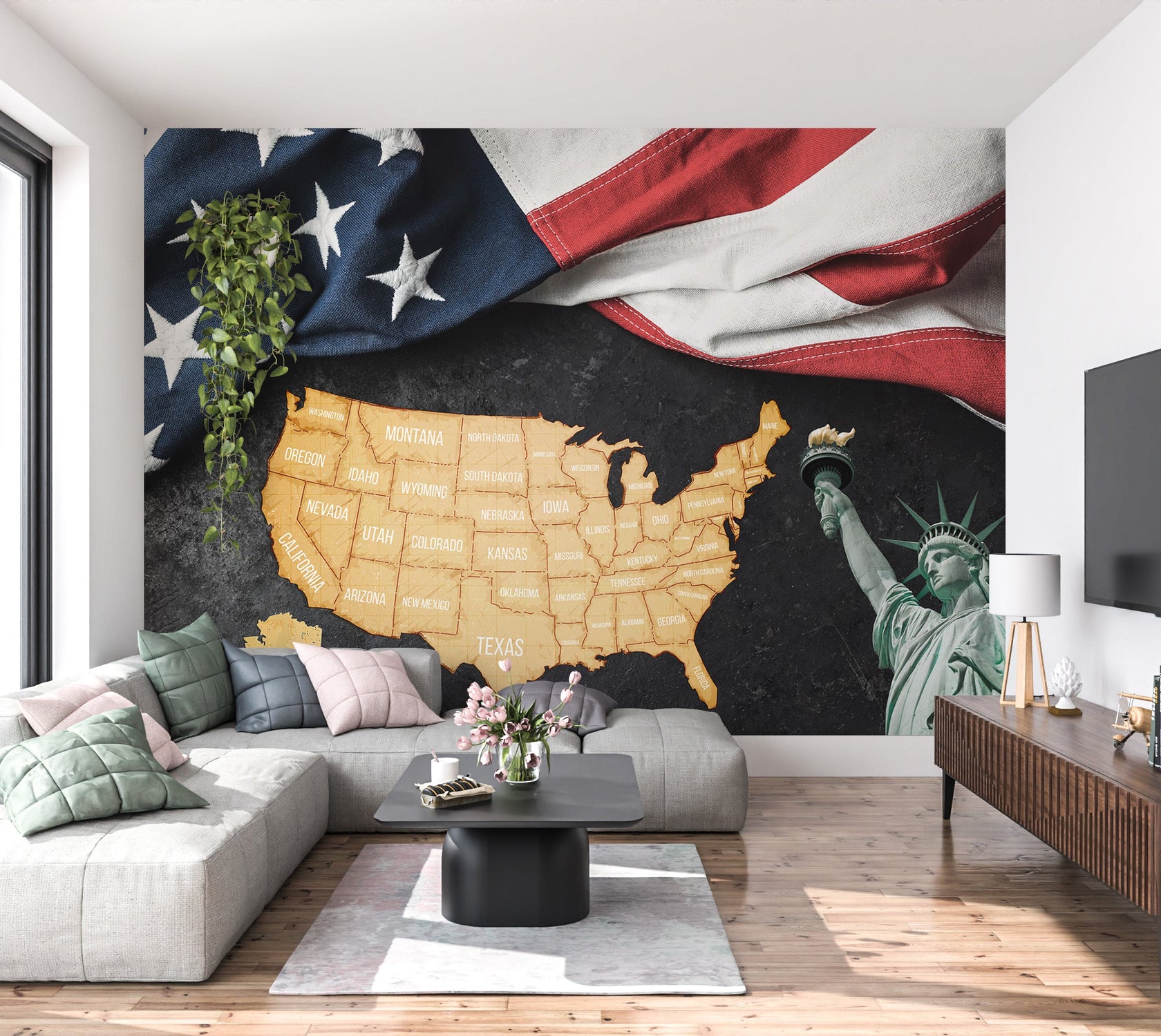 Americana Wallpaper Wall Mural - USA Map With Flag And Statue-Tiptophomedecor