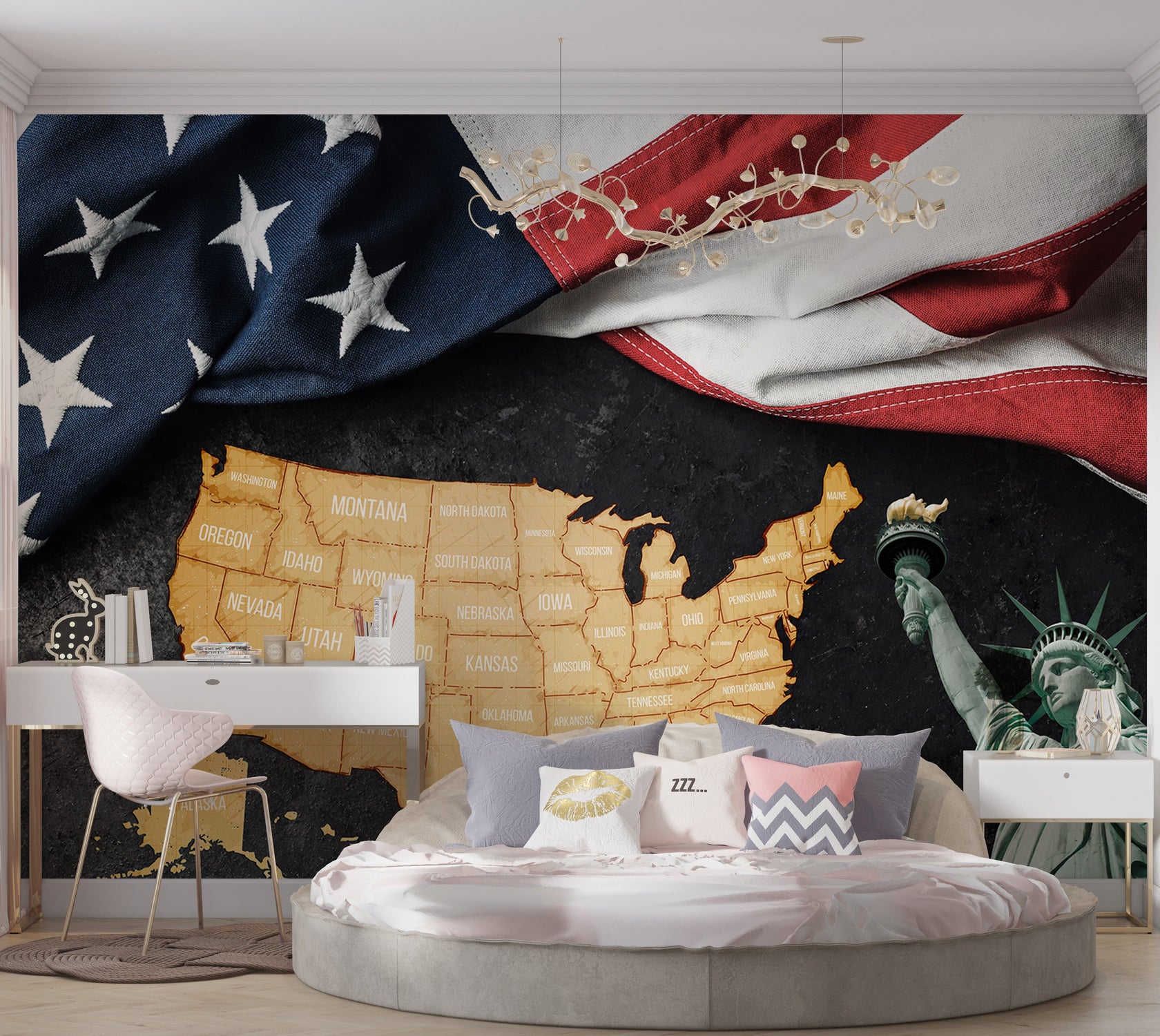 Americana Wallpaper Wall Mural - USA Map With Flag And Statue-Tiptophomedecor