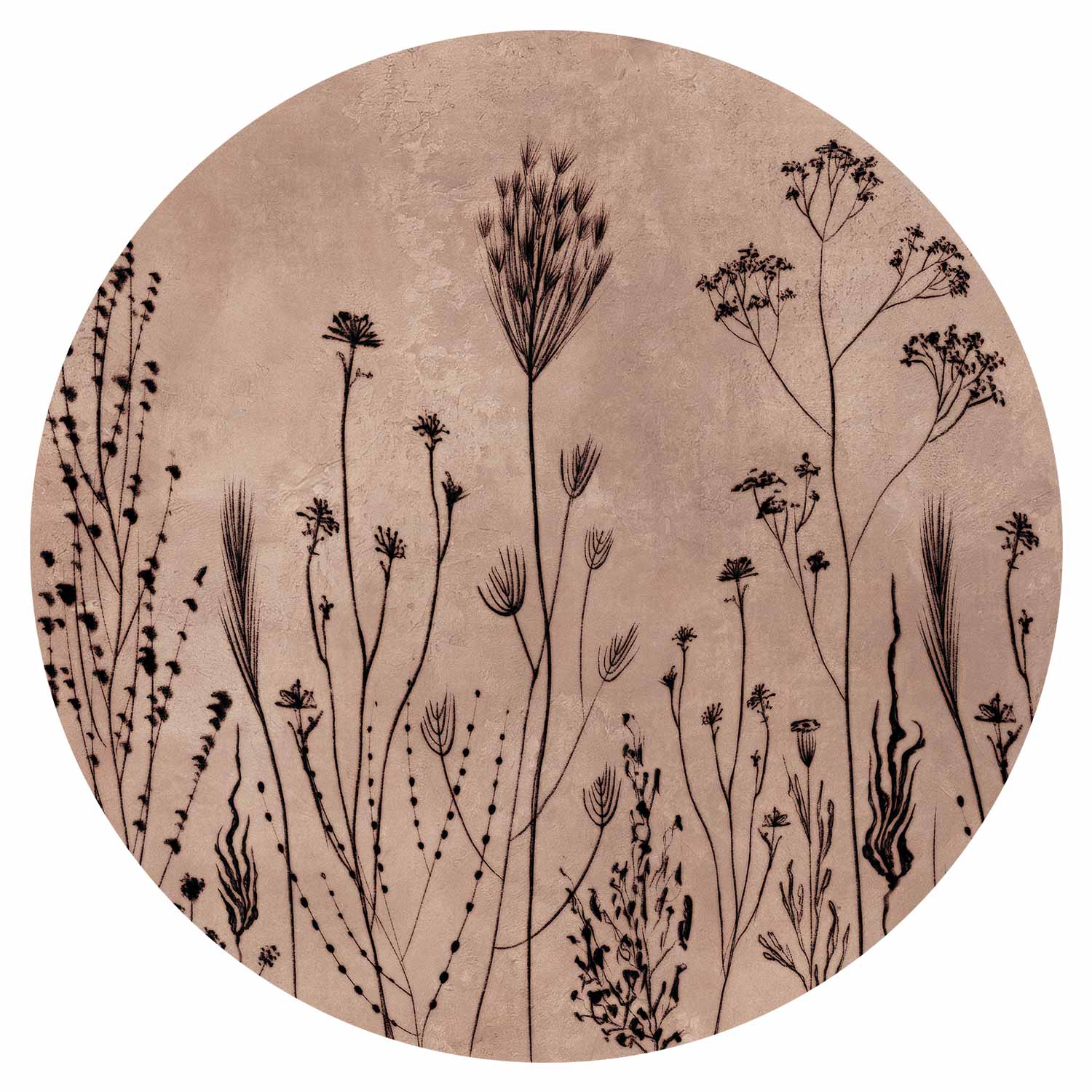 Round Botanical Wall Mural - Minimalist Wildflower Meadow