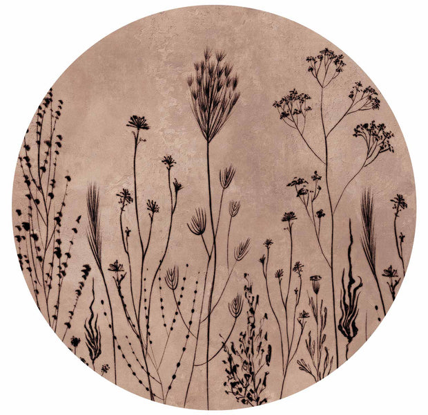 Round Botanical Wall Mural - Minimalist Wildflower Meadow