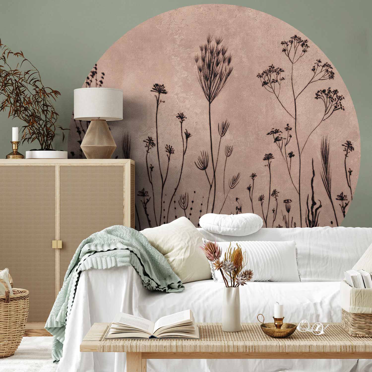 Round Botanical Wall Mural - Minimalist Wildflower Meadow