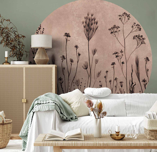 Round Botanical Wall Mural - Minimalist Wildflower Meadow