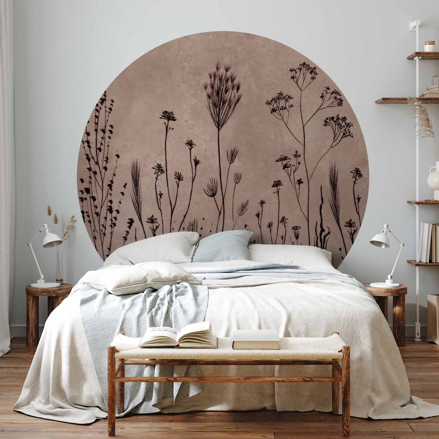 Round Botanical Wall Mural - Minimalist Wildflower Meadow