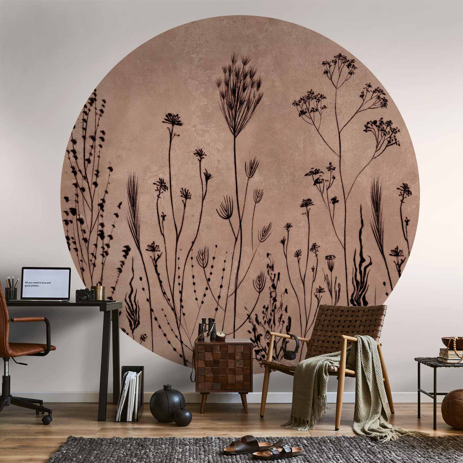 Round Botanical Wall Mural - Minimalist Wildflower Meadow