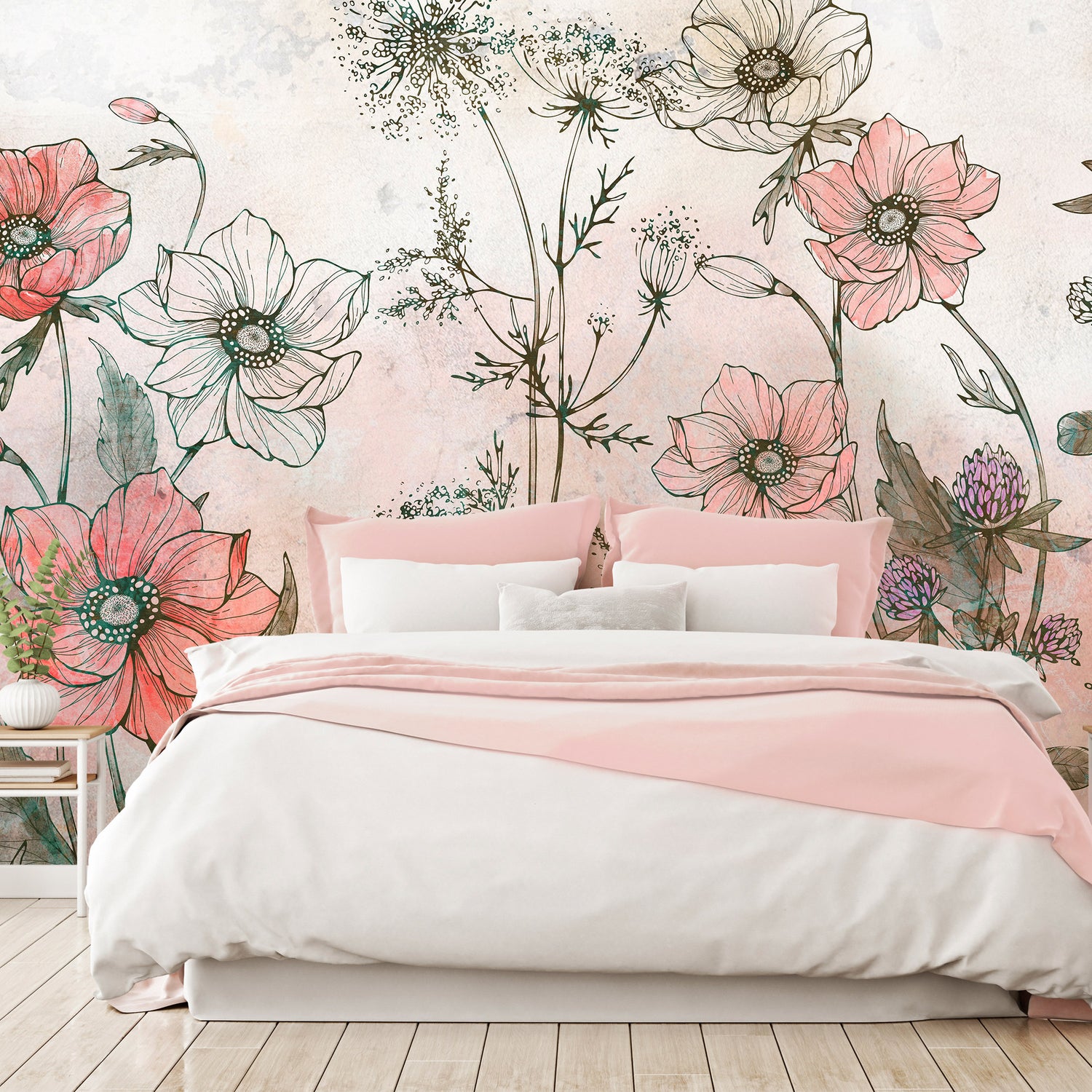 Floral Wallpaper Wall Mural - Day in the Meadow Red