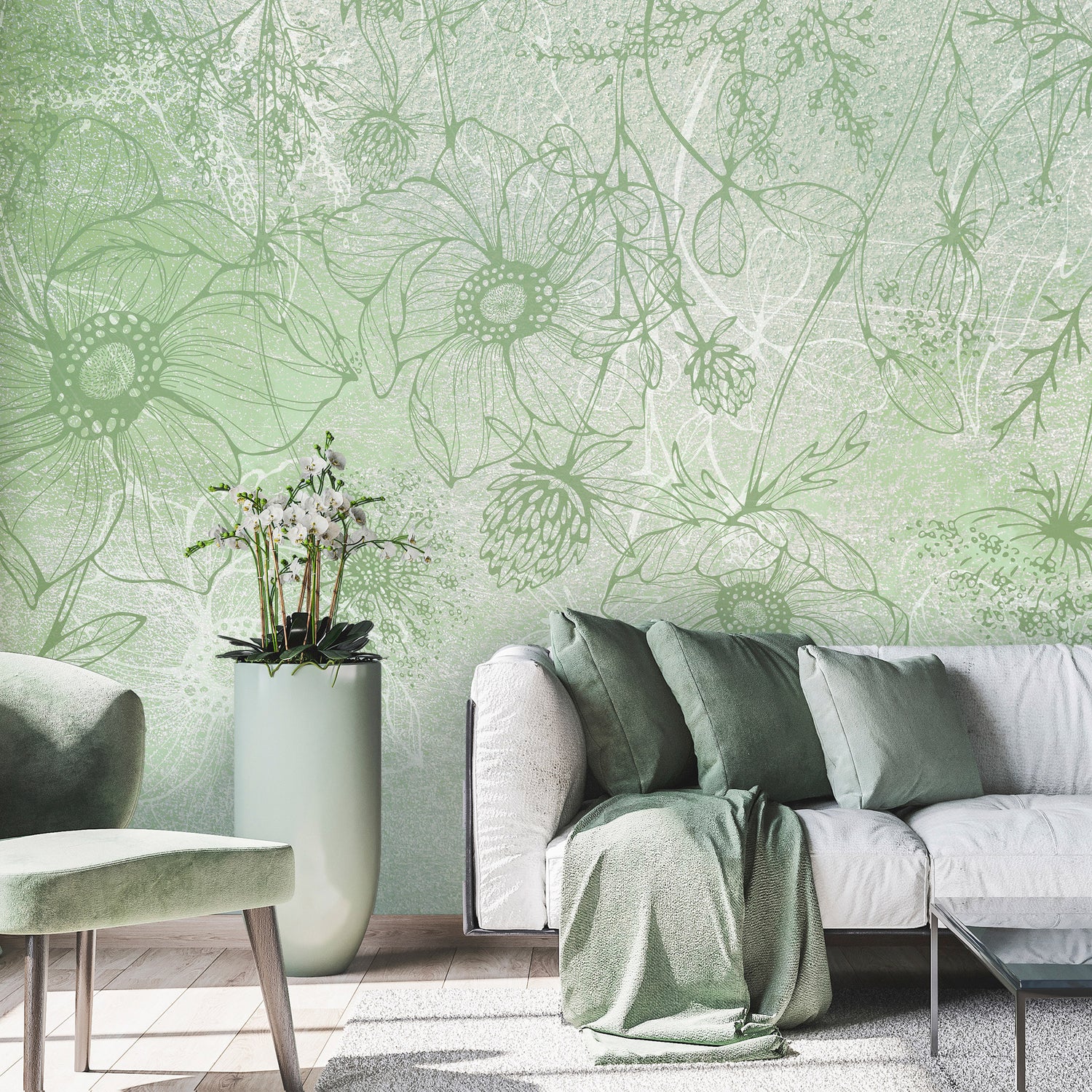 Botanical Wallpaper Wall Mural - Floral Green Lineart