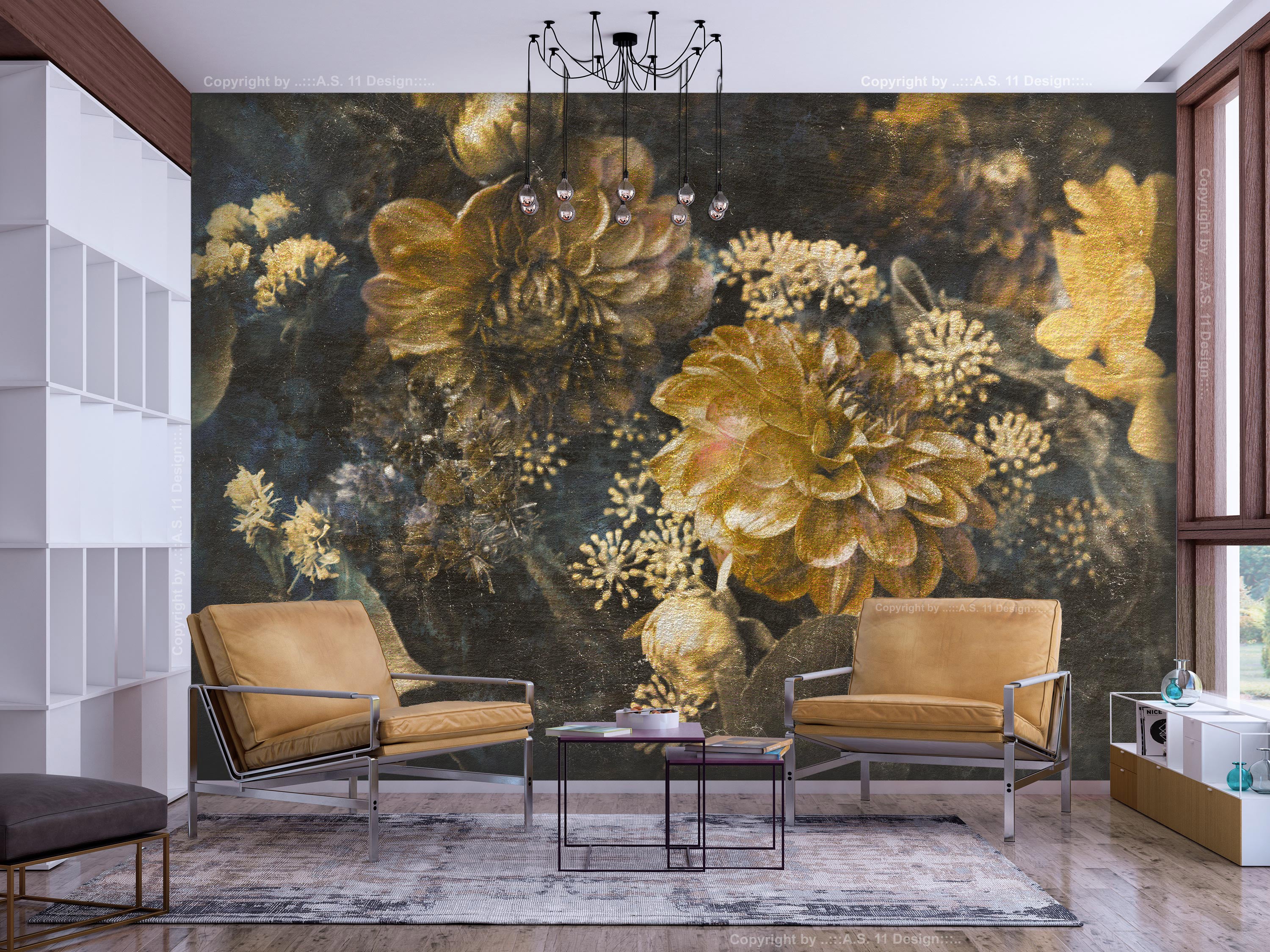 Floral Wallpaper Wall Mural - Retro Flowers Yellow