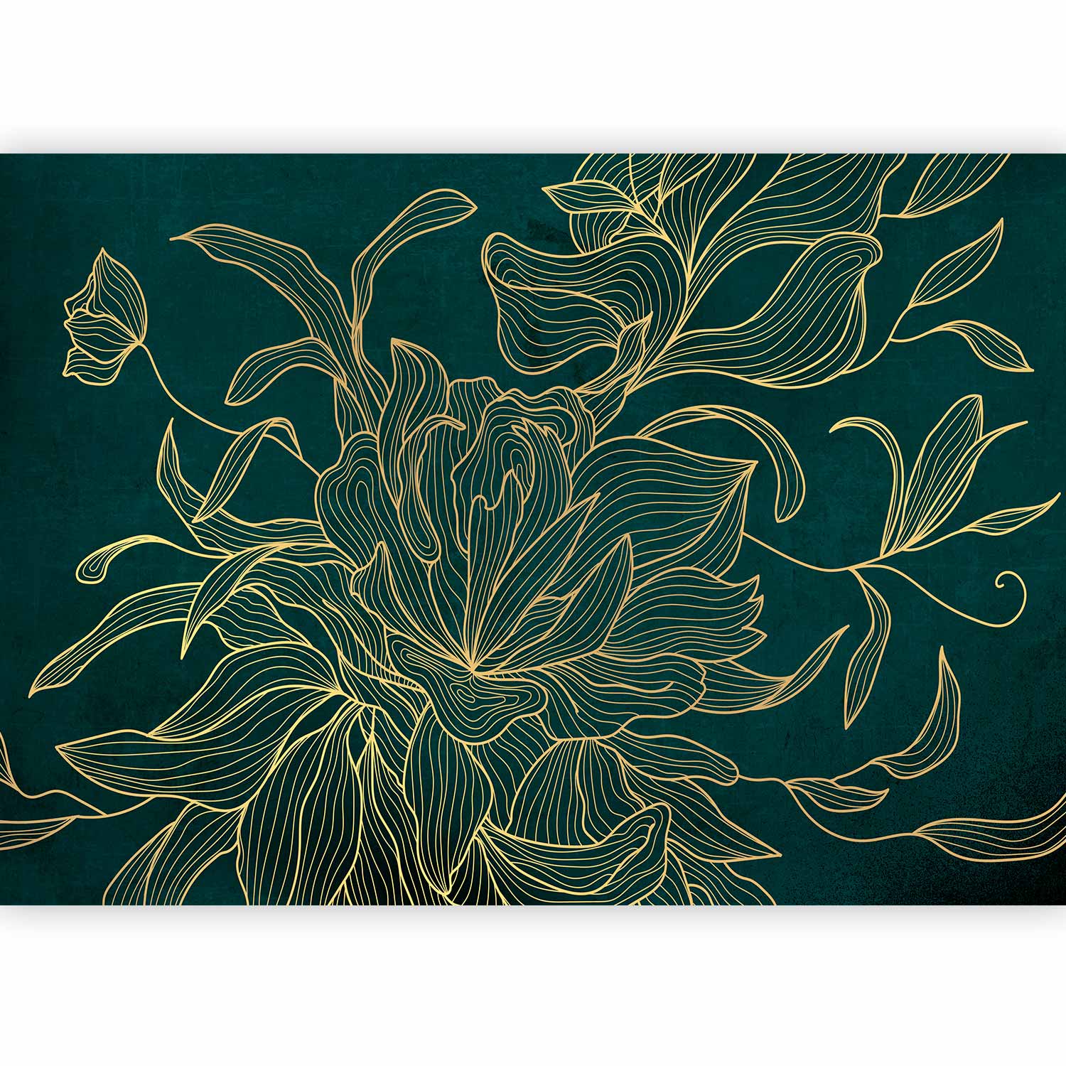 Premium Floral Wall Mural - Green Boudoir - Linear Drawing Of A Flower In Golden Colours On A Dark Background