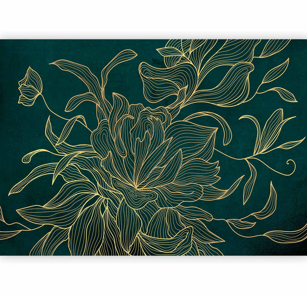 Premium Floral Wall Mural - Green Boudoir - Linear Drawing Of A Flower In Golden Colours On A Dark Background