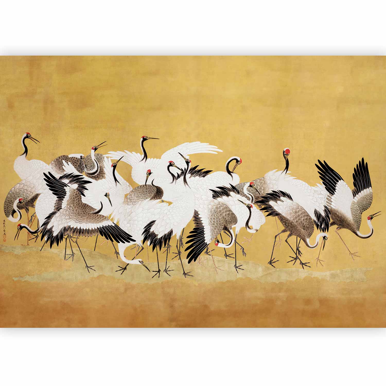 Premium Animal Wall Mural - Japanese Cranes - A Flock Of Birds Against A Golden Background Based On A Painting By Ishida Yūtei