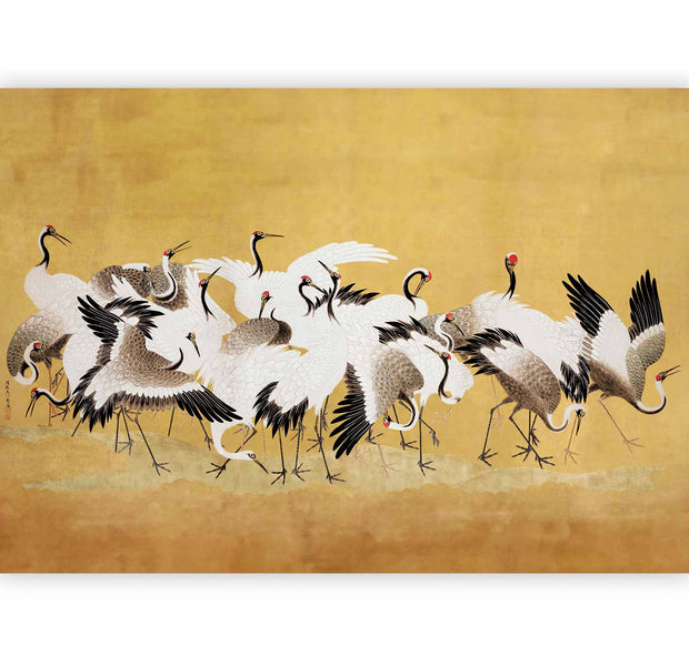Premium Animal Wall Mural - Japanese Cranes - A Flock Of Birds Against A Golden Background Based On A Painting By Ishida Yūtei