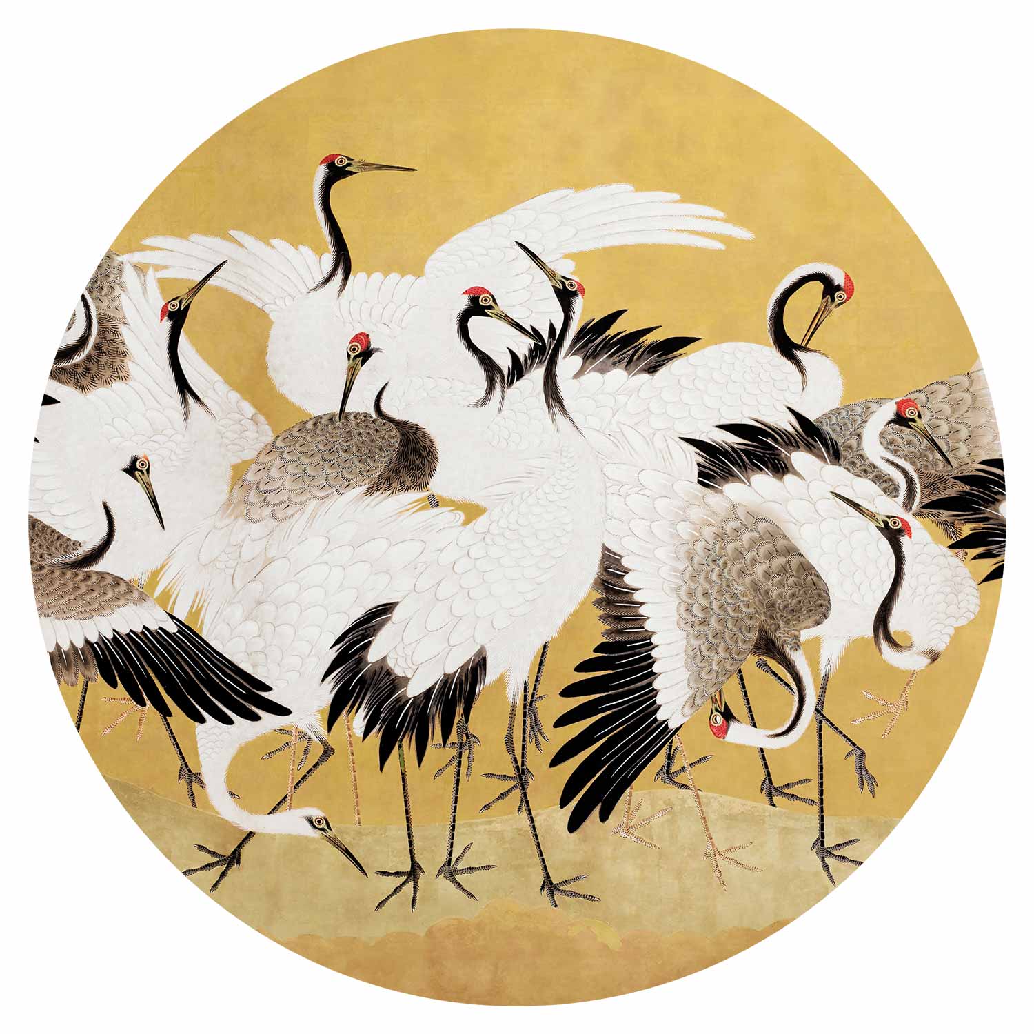 Round Wall Mural - Japanese Cranes - A Flock Of Birds Against A Golden Background Based On A Painting By Ishida Yūtei