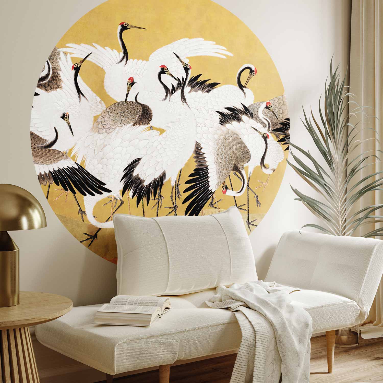 Round Wall Mural - Japanese Cranes - A Flock Of Birds Against A Golden Background Based On A Painting By Ishida Yūtei