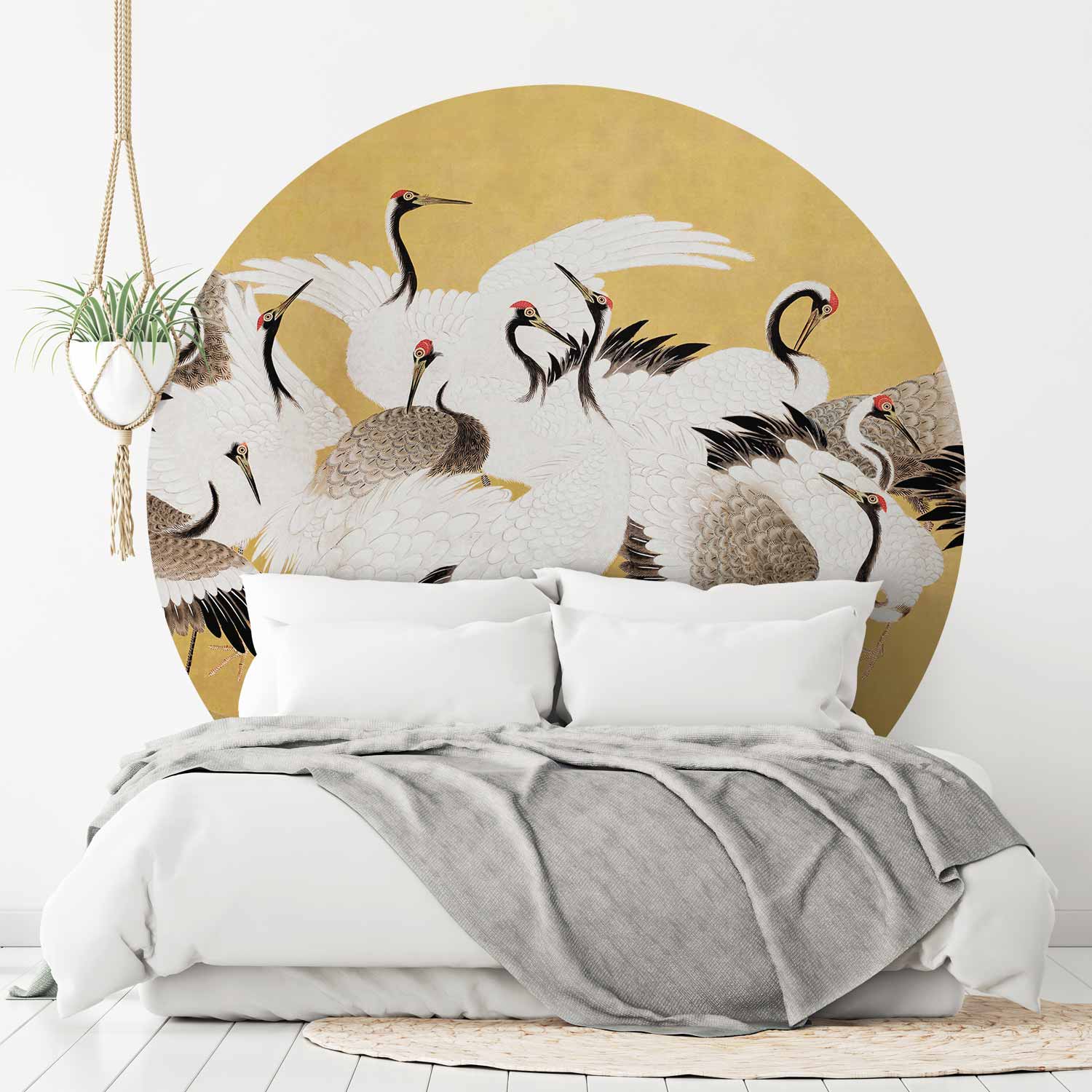 Round Wall Mural - Japanese Cranes - A Flock Of Birds Against A Golden Background Based On A Painting By Ishida Yūtei