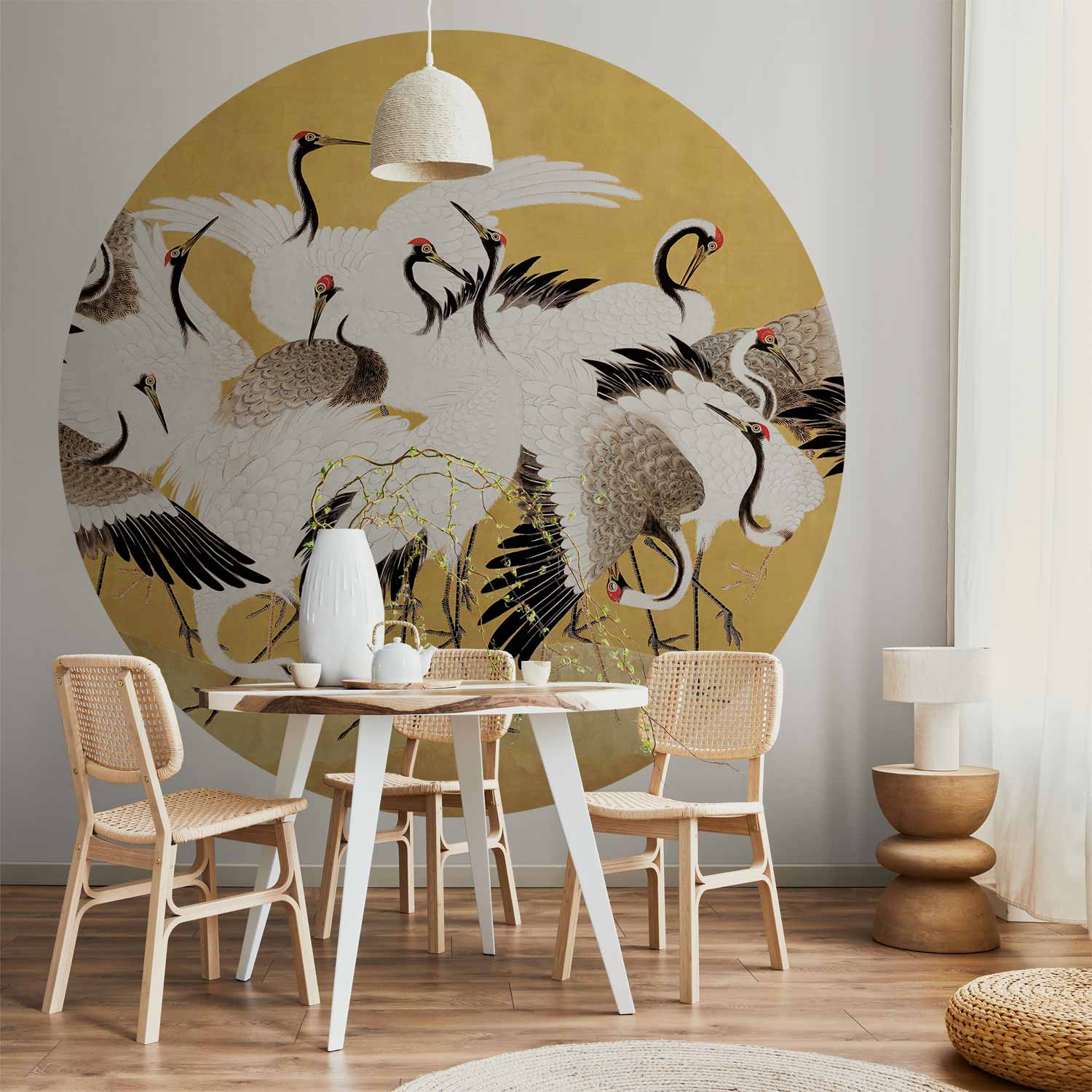 Round Wall Mural - Japanese Cranes - A Flock Of Birds Against A Golden Background Based On A Painting By Ishida Yūtei