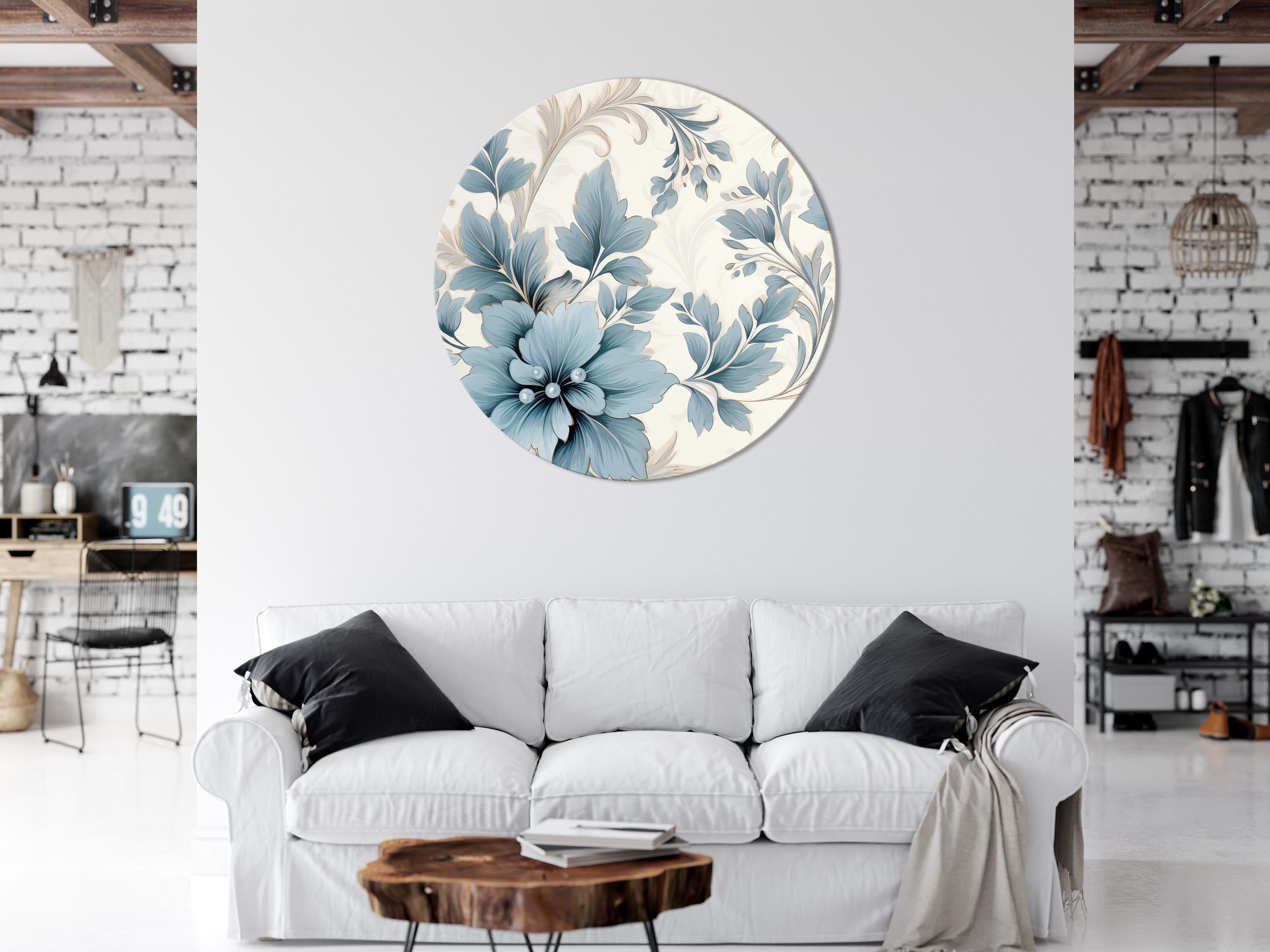 Round Canvas Print - Turquoise Flowers in Retro Ambience Floristic Ornaments