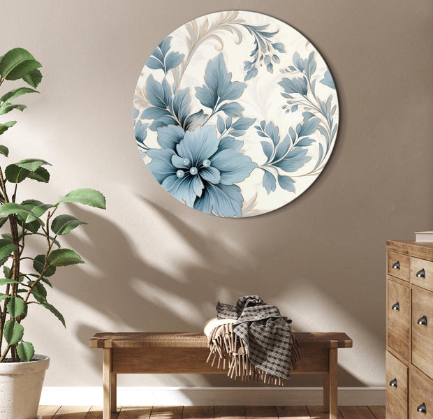 Round Canvas Print - Turquoise Flowers in Retro Ambience Floristic Ornaments