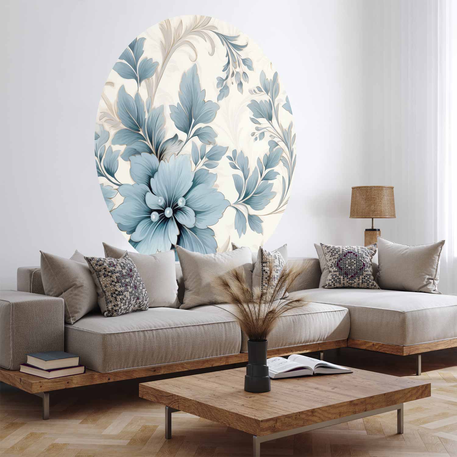 Round Wall Mural - Turquoise Ornamental Retro Flowers