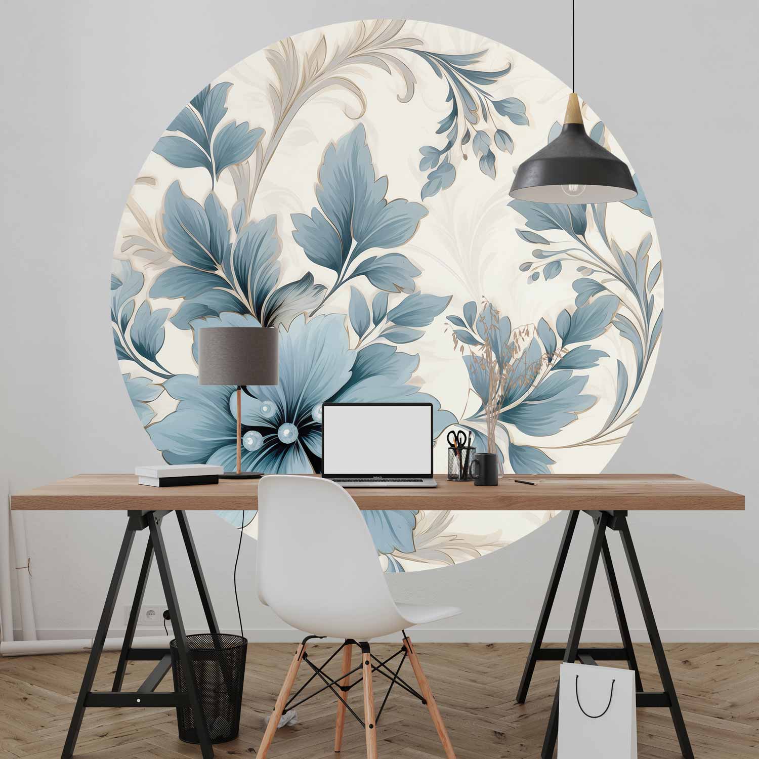 Round Wall Mural - Turquoise Ornamental Retro Flowers