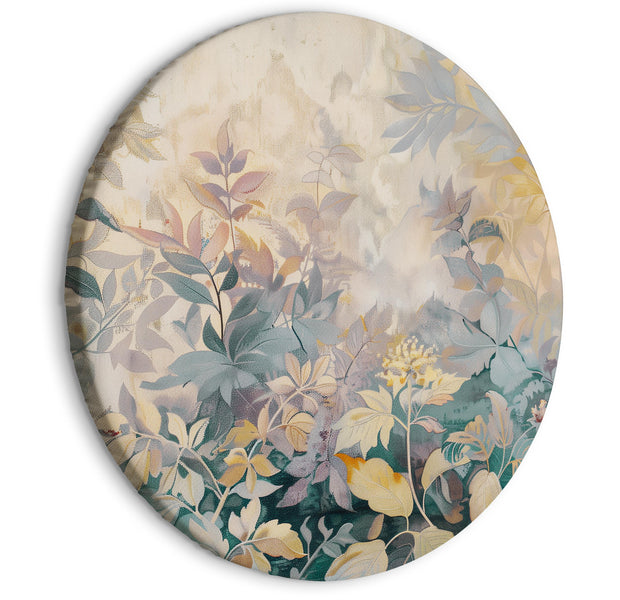 Round Canvas Print - Tapestry Pattern with a Meadow and Flowers Kilim with a Spring Motif