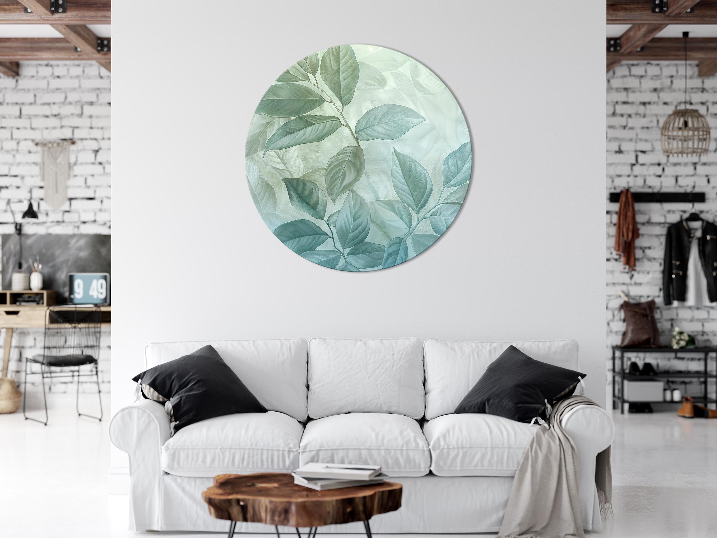 Round Canvas Print - Large Leaves in Shades of Green-Mint: Botanical Motif