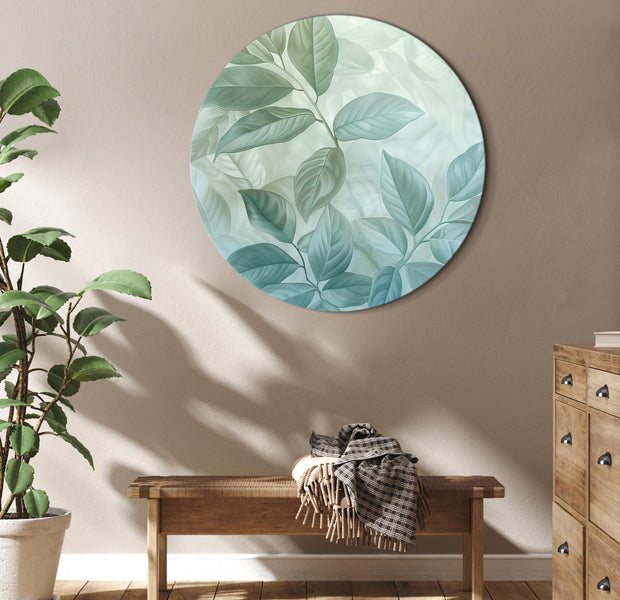 Round Canvas Print - Large Leaves in Shades of Green-Mint: Botanical Motif