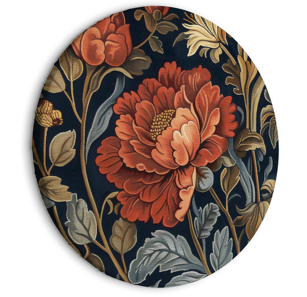 Round Canvas Print - Tapestry Large Flowers Retro Floral Motif in Kilim Style
