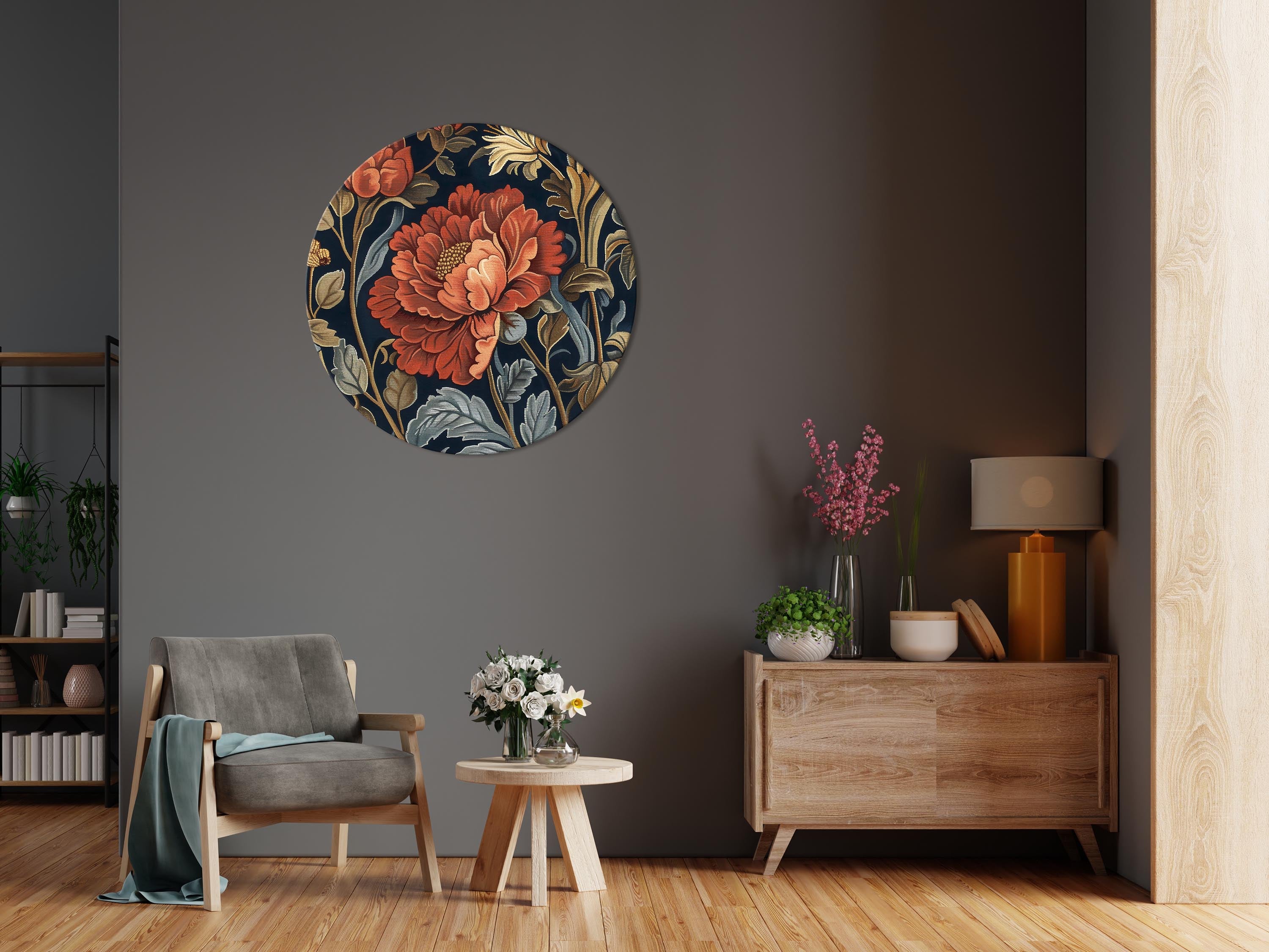 Round Canvas Print - Tapestry Large Flowers Retro Floral Motif in Kilim Style