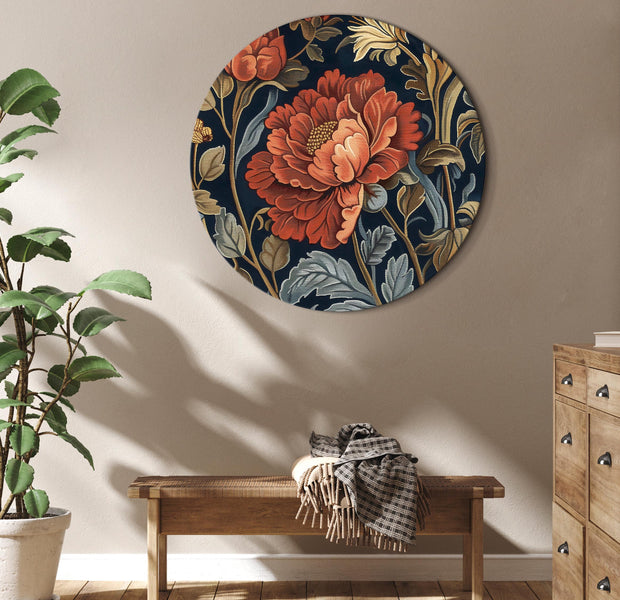 Round Canvas Print - Tapestry Large Flowers Retro Floral Motif in Kilim Style